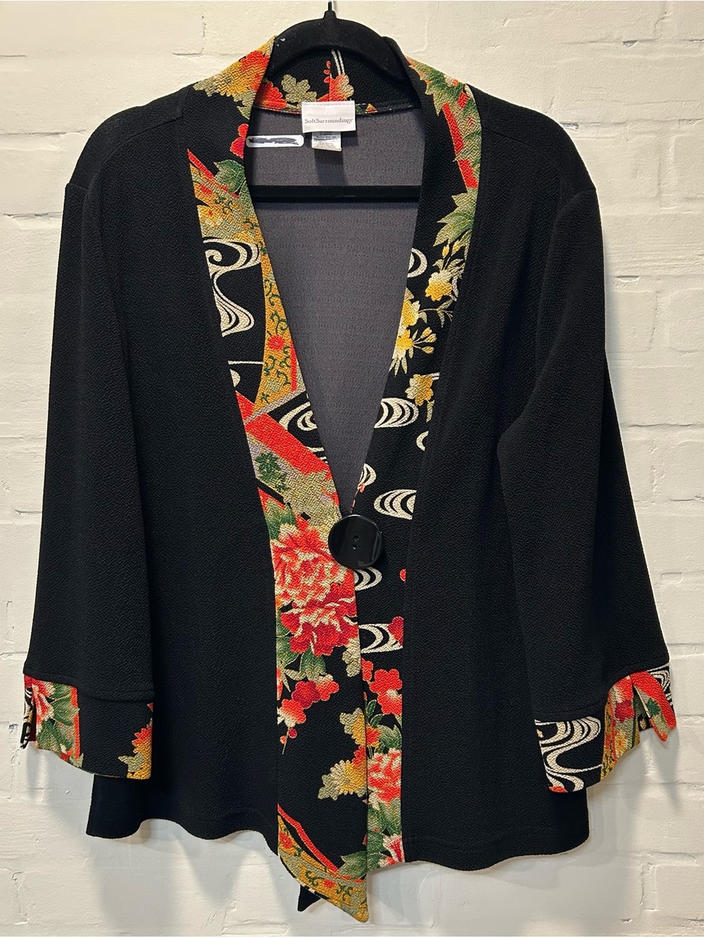 Soft Surroundings Kimono Jacket Cardigan Black Asian Floral Trim Brocade Size L